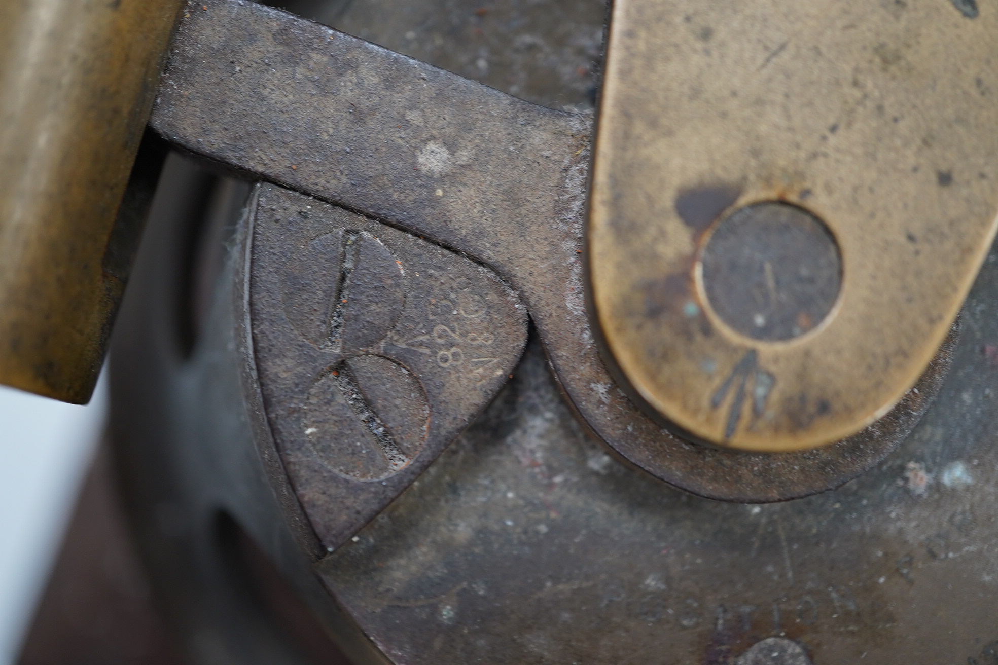 A First World War torpedo gyroscope, stamped 2878 W&Co. top part of the wooden case missing, 21cm high x 24cm wide. Condition - some general wear and damage, unknown if in working order.